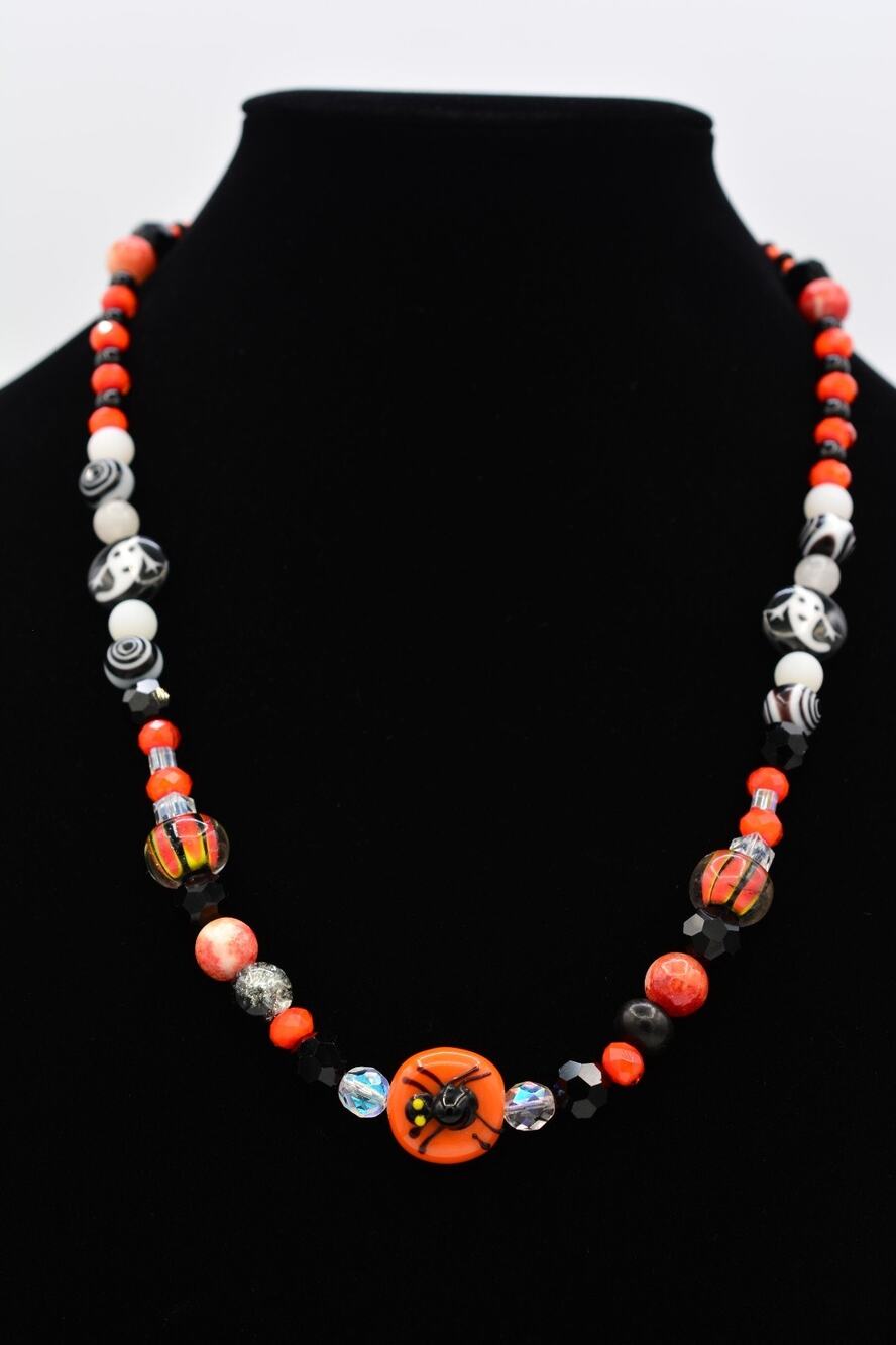 Vintage 24” Halloween Beaded Necklace Orange Black Spider Ghost Statement BinR